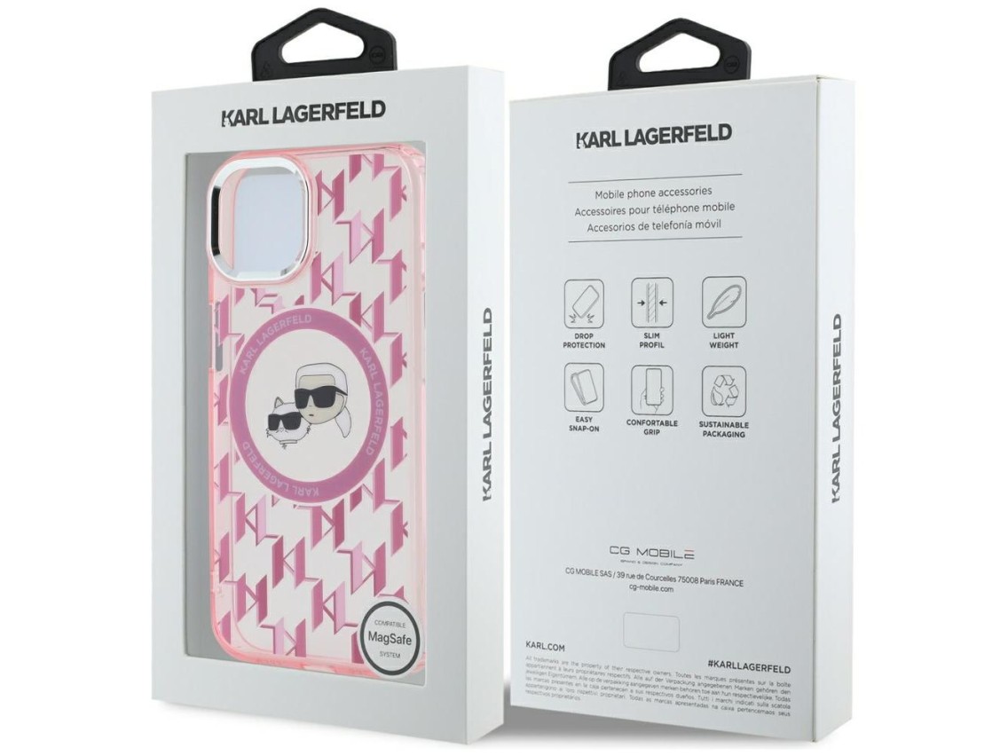 Capa MagSafe para iPhone 15 com monograma Karl Lagerfeld IML Karl & Choupette Head - Rosa