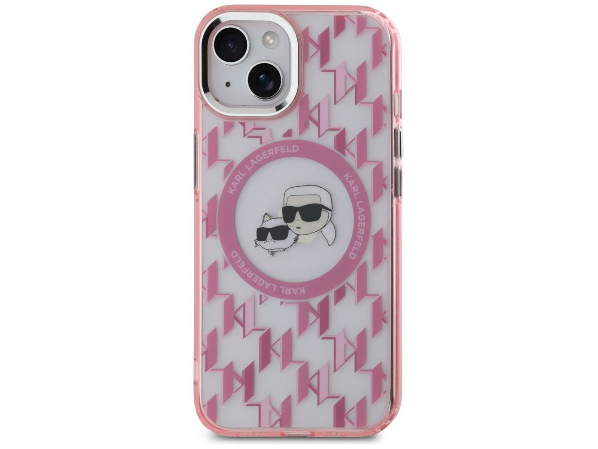 Capa MagSafe para iPhone 15 com monograma Karl Lagerfeld IML Karl & Choupette Head - Rosa