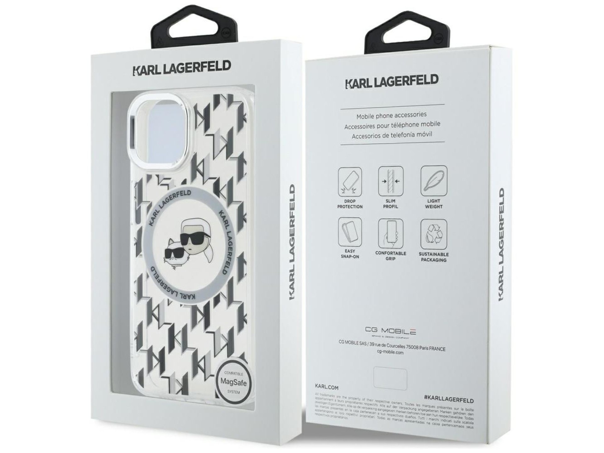 Karl Lagerfeld IML Monogram Karl & Choupette Head MagSafe iPhone 15 Case - Clear