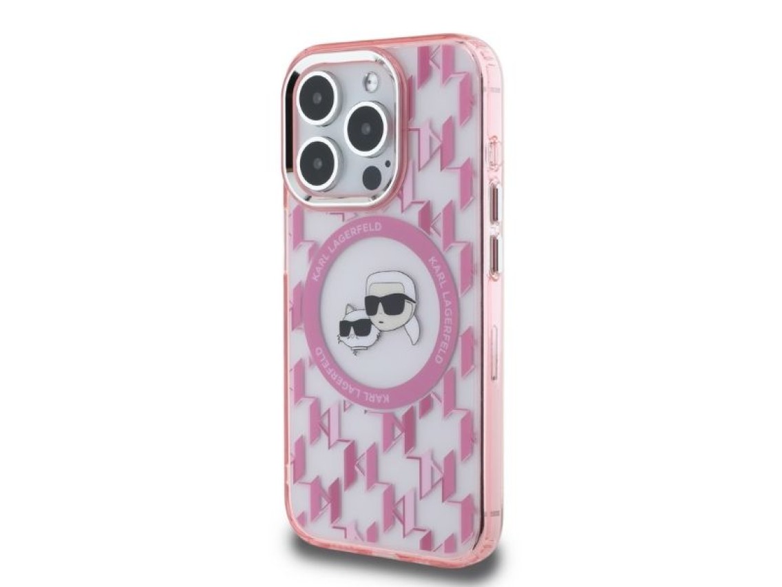 Karl Lagerfeld IML Monogram Karl & Choupette Head MagSafe Case for iPhone 15 Pro Max - Pink