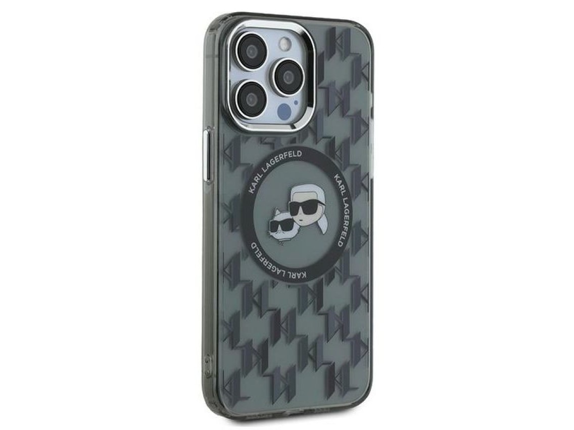 Karl Lagerfeld IML Monogram Karl & Choupette Head MagSafe Case for iPhone 15 Pro Max - Black