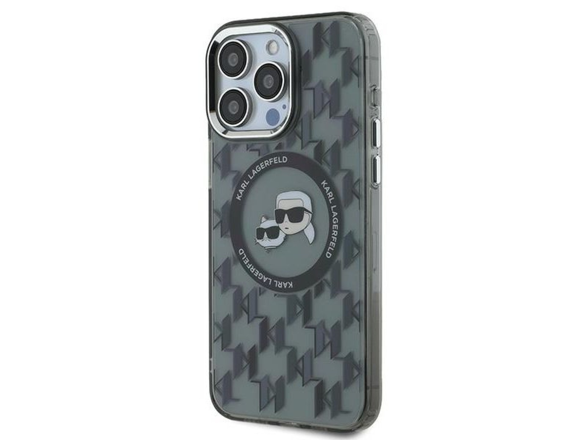 Karl Lagerfeld IML Monogram Karl & Choupette Head MagSafe Case for iPhone 15 Pro Max - Black