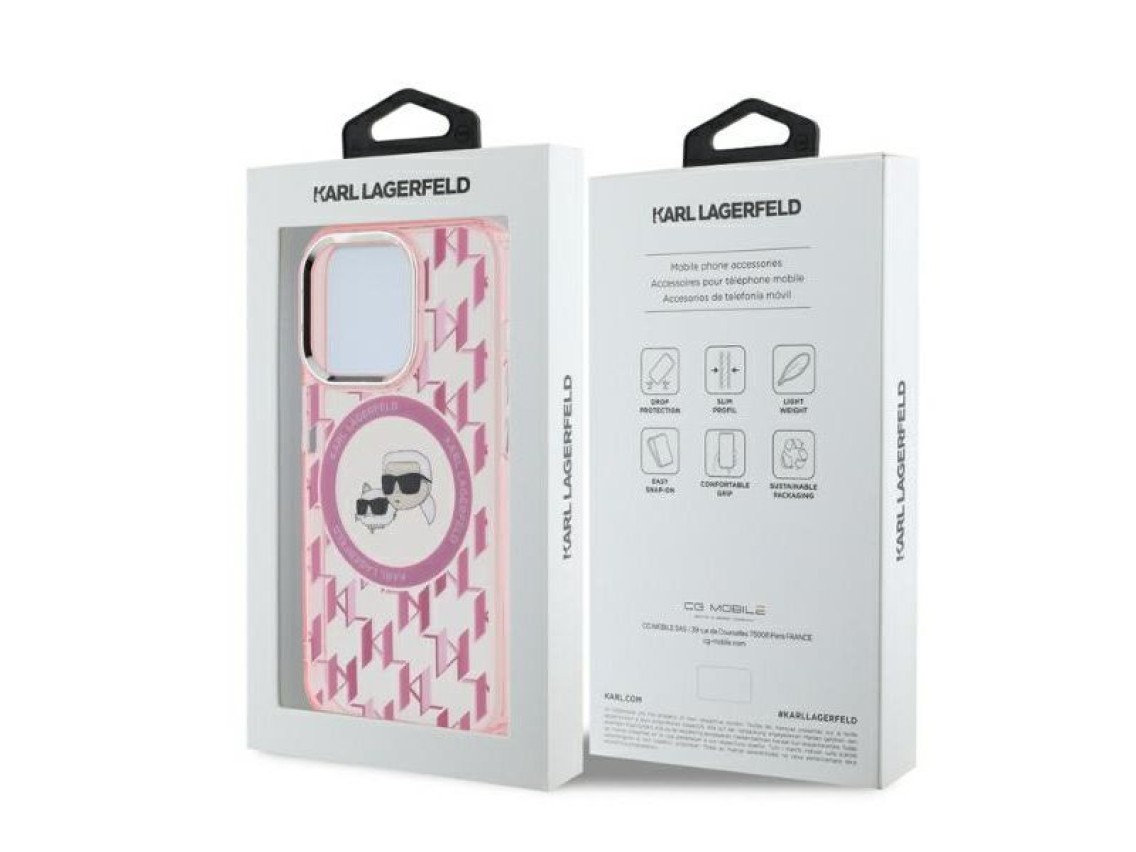 Karl Lagerfeld IML Monogram Karl & Choupette Head MagSafe Case for iPhone 15 Pro Max - Pink