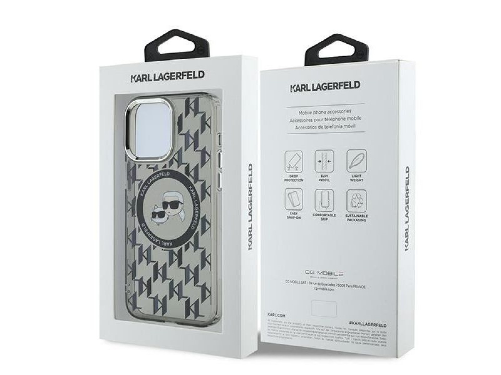 Karl Lagerfeld IML Monogram Karl & Choupette Head MagSafe Case for iPhone 15 Pro Max - Black