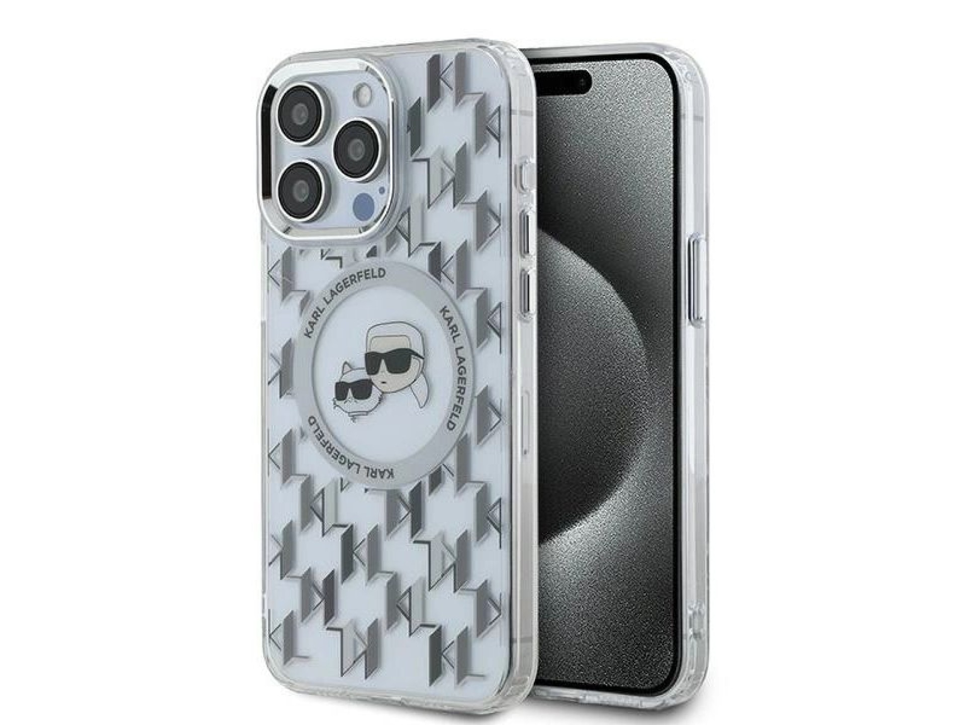 Karl Lagerfeld IML Monogram Karl & Choupette Head MagSafe Case for iPhone 15 Pro Max - Clear