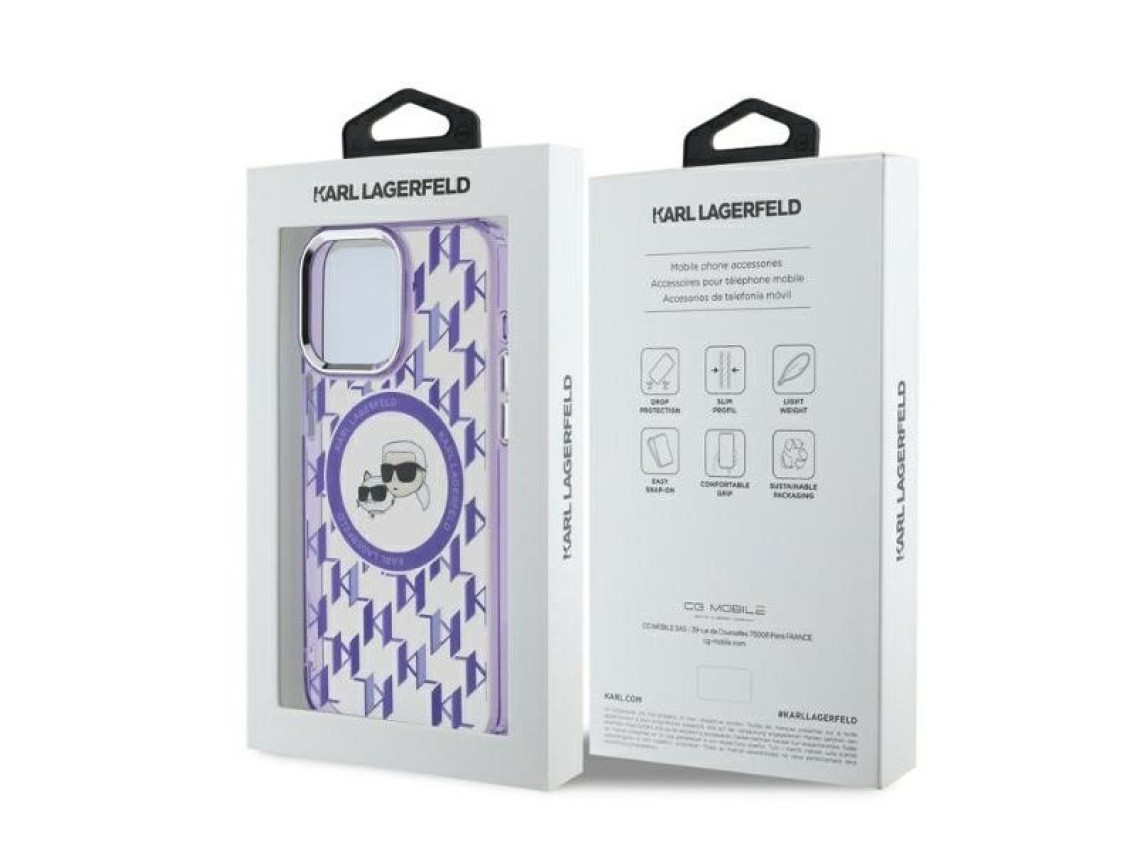 Funda MagSafe Karl Lagerfeld IML Monogram Karl & Choupette Head para iPhone 15 Pro Max - Morada