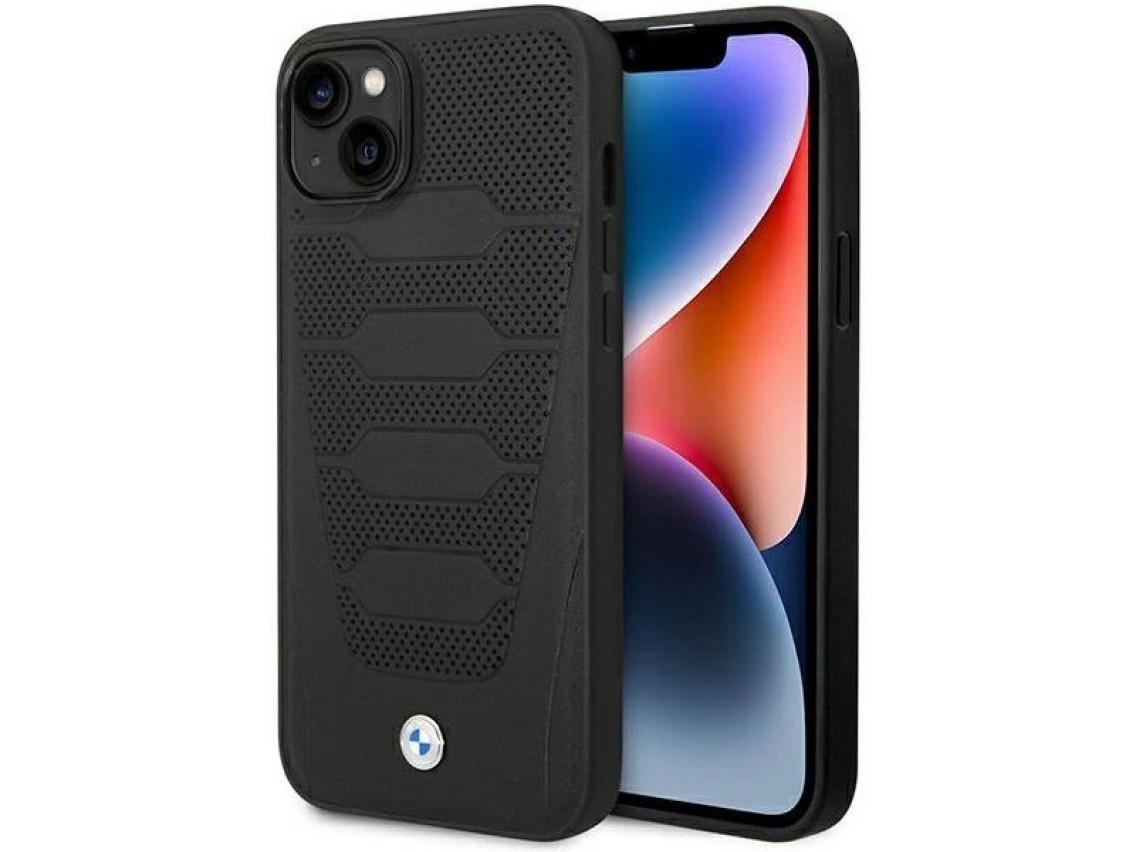 Funda BMW BMHCP14S22RPSK para iPhone 14 de 6,1" negra/negra con estampado de asientos de cuero.