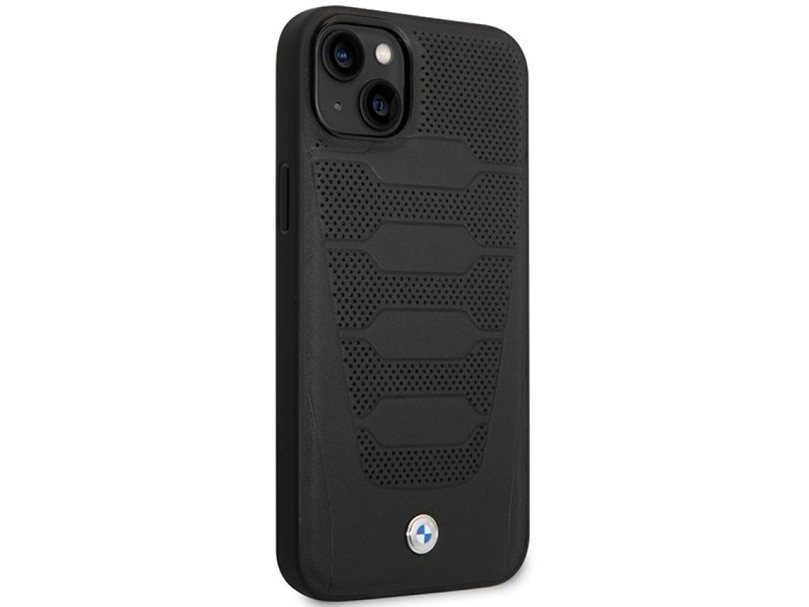 Funda BMW BMHCP14S22RPSK para iPhone 14 de 6,1" negra/negra con estampado de asientos de cuero.