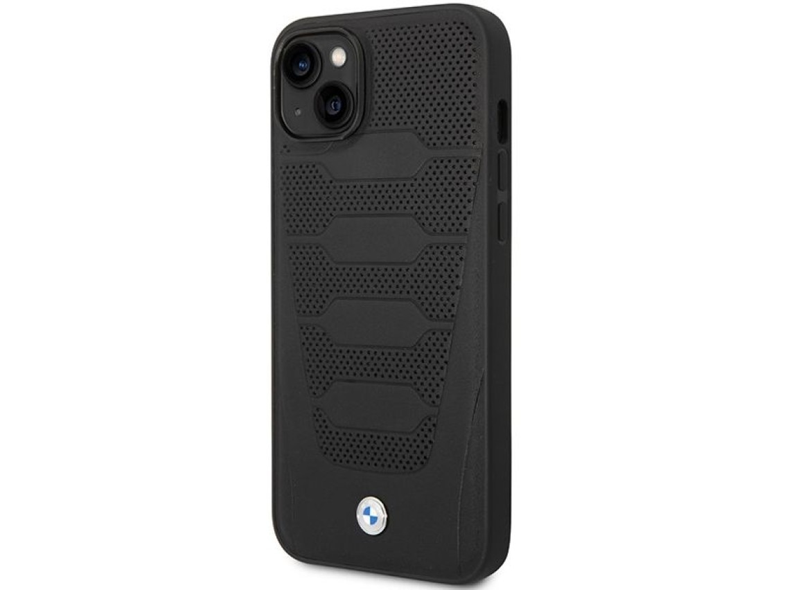 Funda BMW BMHCP14S22RPSK para iPhone 14 de 6,1" negra/negra con estampado de asientos de cuero.
