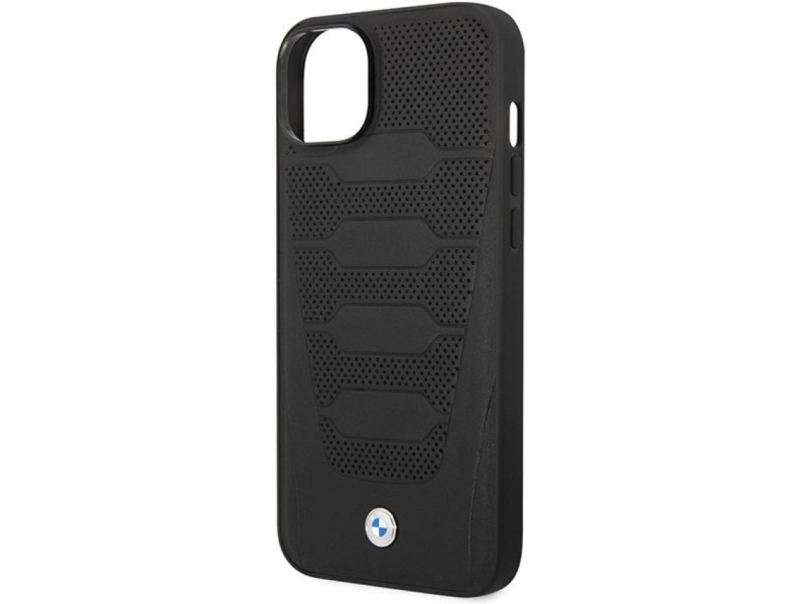 Funda BMW BMHCP14S22RPSK para iPhone 14 de 6,1" negra/negra con estampado de asientos de cuero.