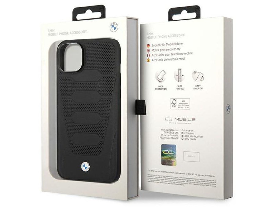 Funda BMW BMHCP14S22RPSK para iPhone 14 de 6,1" negra/negra con estampado de asientos de cuero.