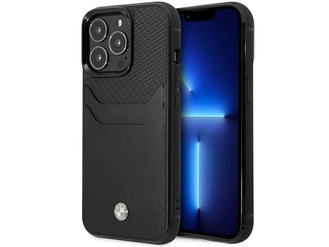 Capa BMW BMHCP14L22RSEPK para iPhone 14 Pro 6.1" preta/couro preto com compartimento para cartão