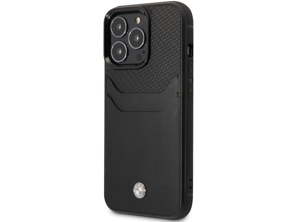 Capa BMW BMHCP14L22RSEPK para iPhone 14 Pro 6.1" preta/couro preto com compartimento para cartão