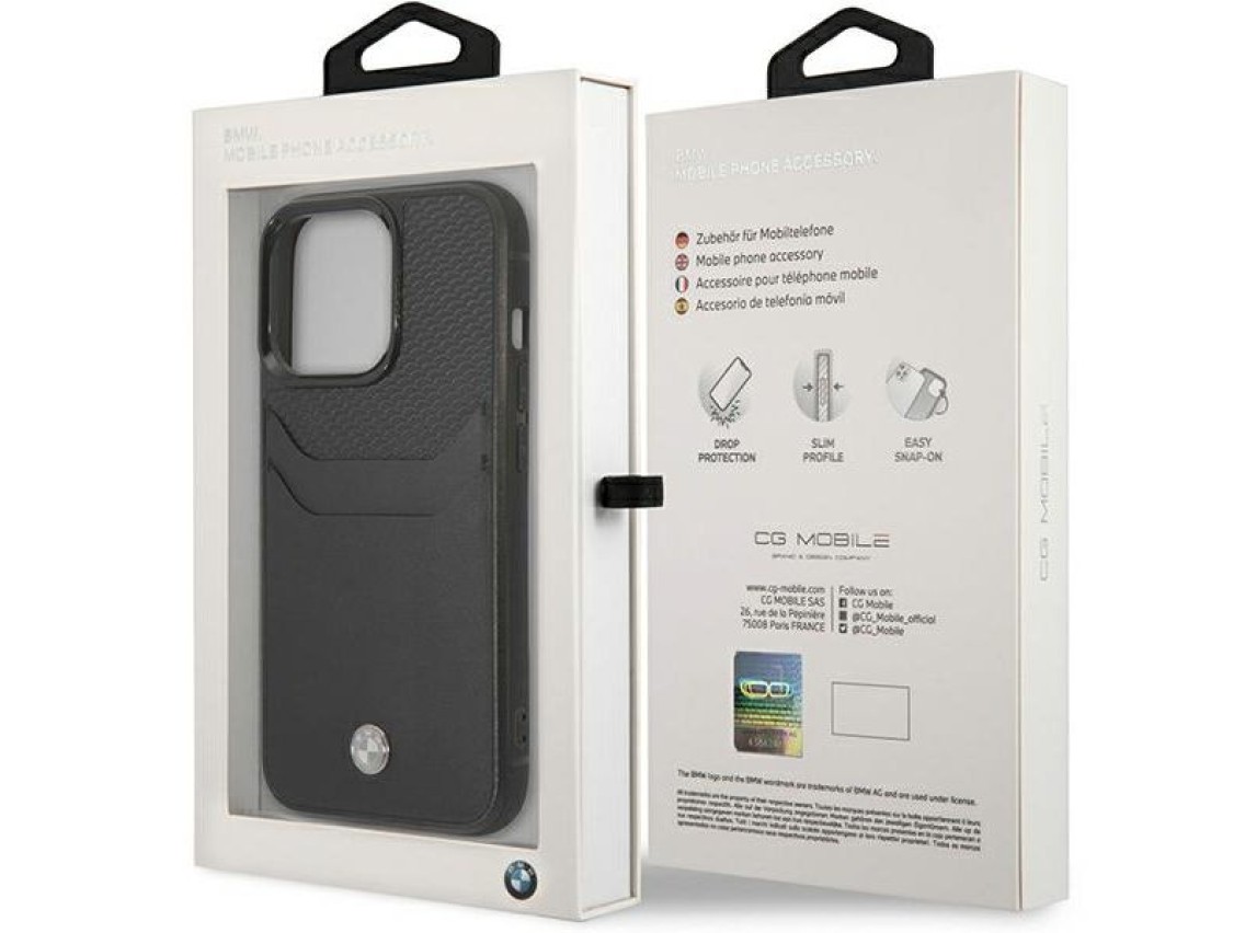Capa BMW BMHCP14L22RSEPK para iPhone 14 Pro 6.1" preta/couro preto com compartimento para cartão