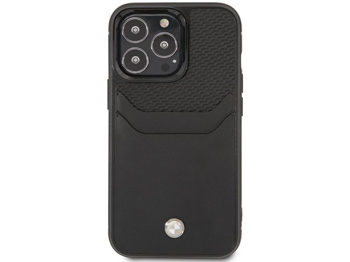 Capa BMW BMHCP14X22RSEPK para iPhone 14 Pro Max 6.7" preta/couro preto com compartimento para cartão