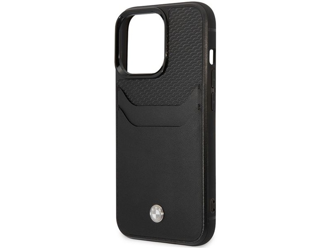 Capa BMW BMHCP14X22RSEPK para iPhone 14 Pro Max 6.7" preta/couro preto com compartimento para cartão