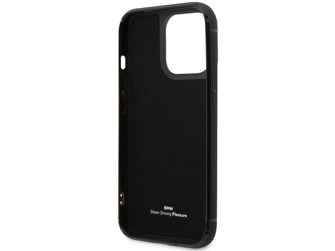 Capa BMW BMHCP14X22RSEPK para iPhone 14 Pro Max 6.7" preta/couro preto com compartimento para cartão
