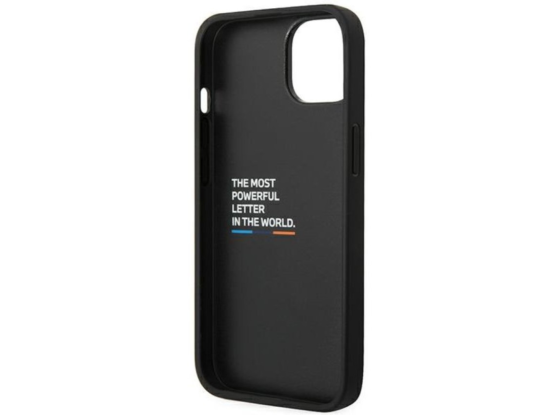 Funda BMW BMHCP14S22NBCK para iPhone 14 de 6,1" negra / negra, de cuero y carbono.