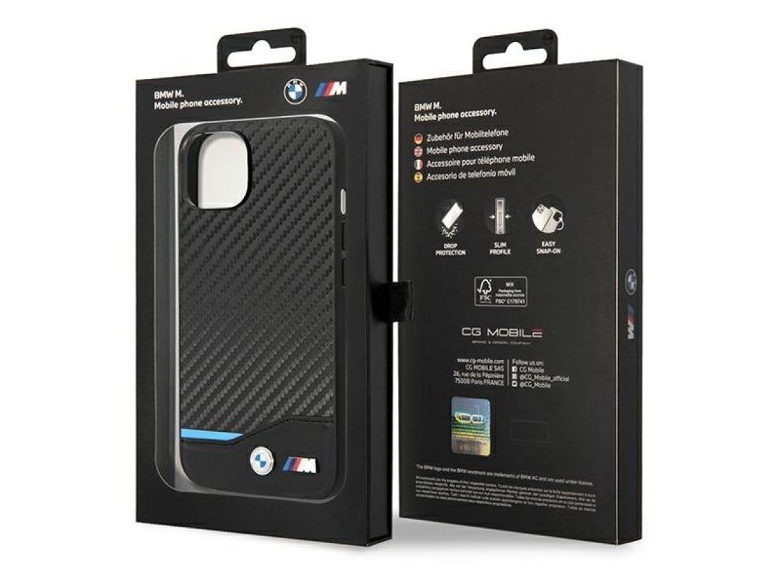 Funda BMW BMHCP14S22NBCK para iPhone 14 de 6,1" negra / negra, de cuero y carbono.