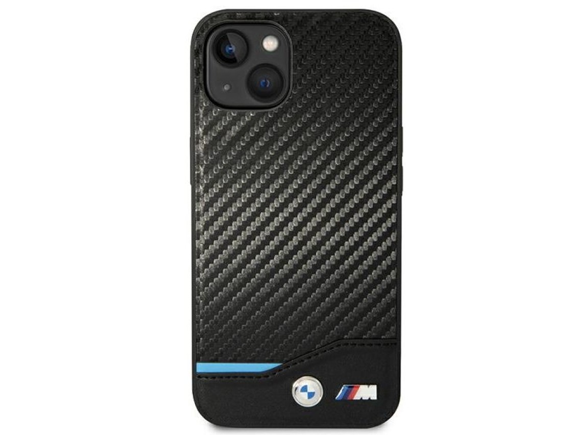 Funda BMW BMHCP14M22NBCK para iPhone 14 Plus de 6,7" negra / negra, de cuero y carbono.
