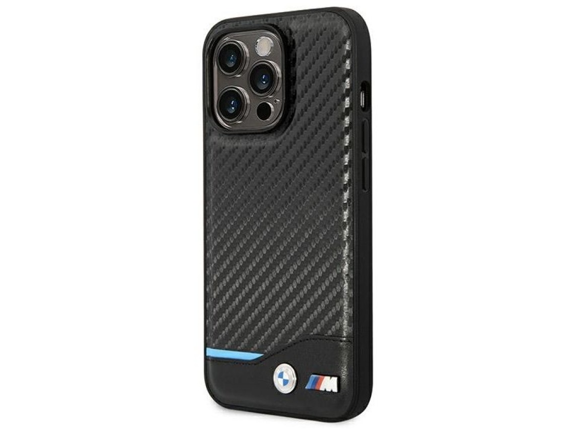Funda BMW BMHCP14L22NBCK para iPhone 14 Pro de 6,1" negra / negra, de cuero y carbono.