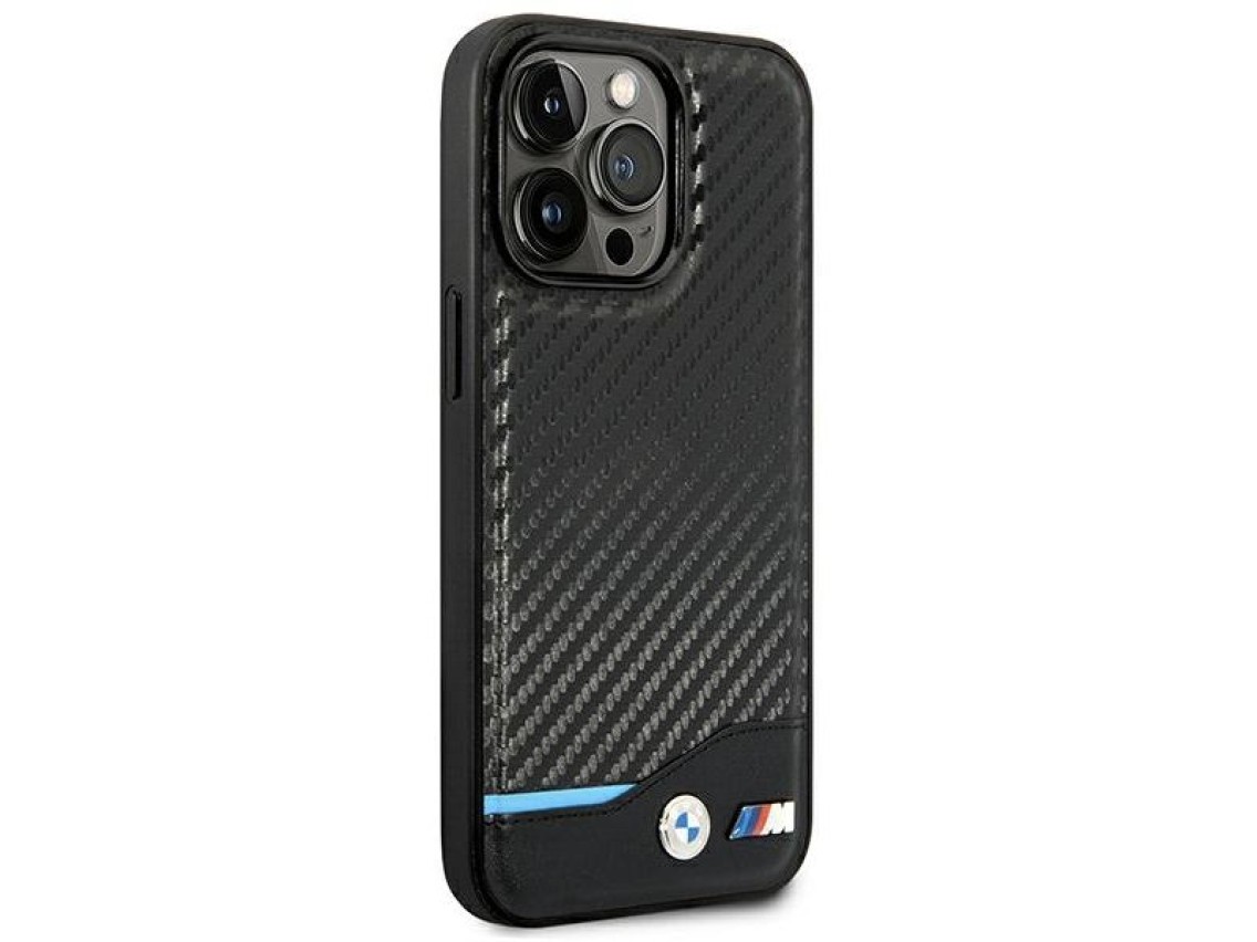 Funda BMW BMHCP14L22NBCK para iPhone 14 Pro de 6,1" negra / negra, de cuero y carbono.