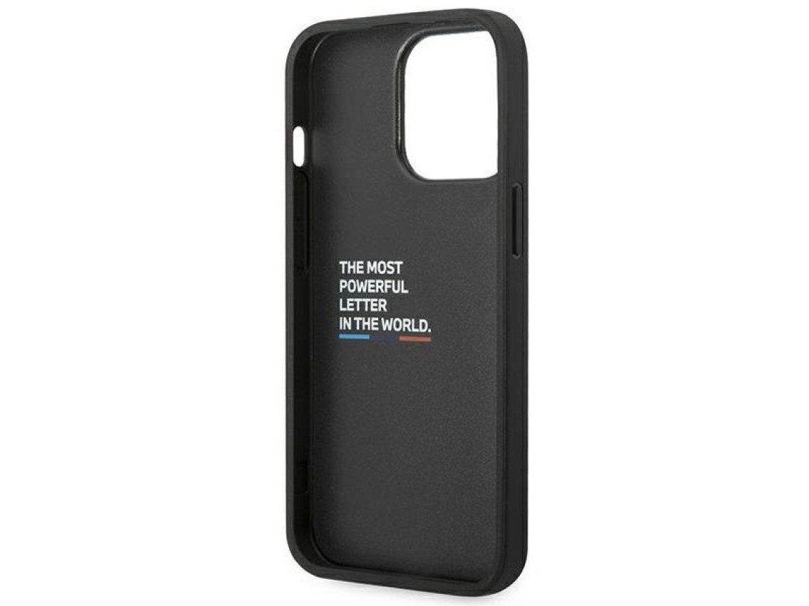 Funda BMW BMHCP14L22NBCK para iPhone 14 Pro de 6,1" negra / negra, de cuero y carbono.