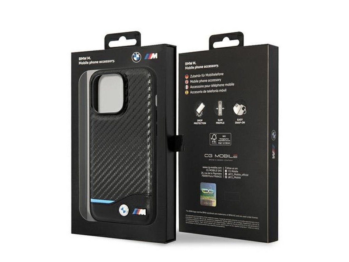 Funda BMW BMHCP14L22NBCK para iPhone 14 Pro de 6,1" negra / negra, de cuero y carbono.