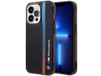 Funda BMW BMHCP14L22HVGV para iPhone 14 Pro de 6,1" negra/negra con franja tricolor IML