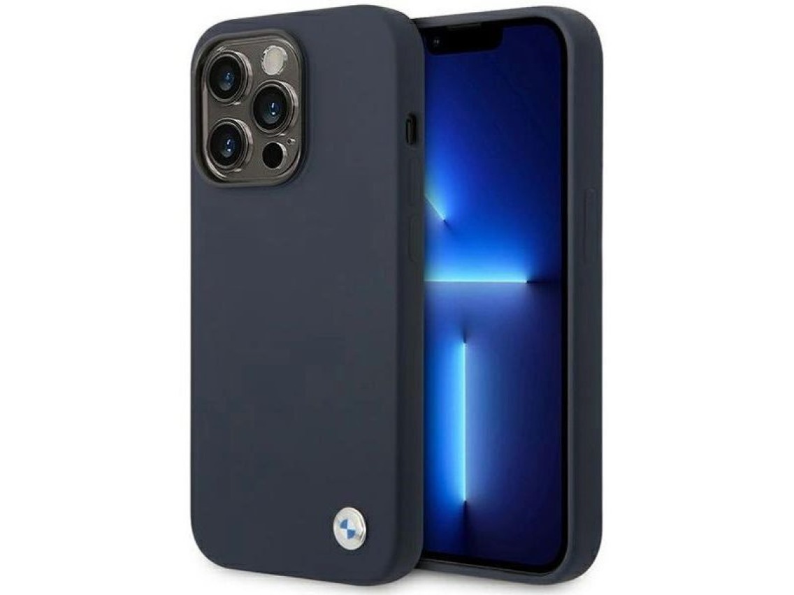 Capa BMW BMHMP14XSILNA para iPhone 14 Pro Max 6.7" azul marinho/azul marinho, em silicone com logoti