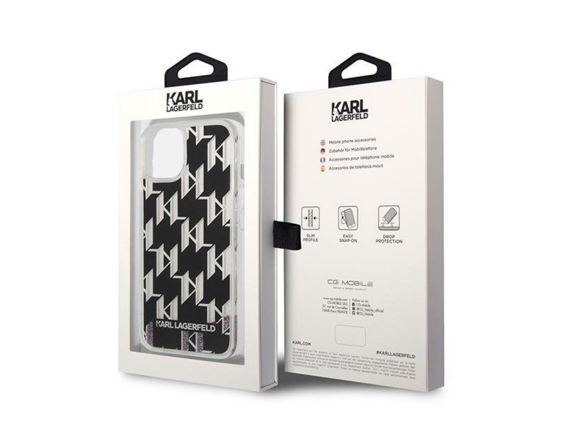 Karl Lagerfeld KLHCP14SLMNMK iPhone 14 6.1 "capa r�gida preta / monograma com glitter l�quido preto
