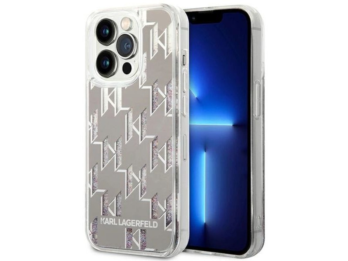 Capa rígida prateada com monograma de glitter líquido prateado Karl Lagerfeld KLHCP14XLMNMS para iPh