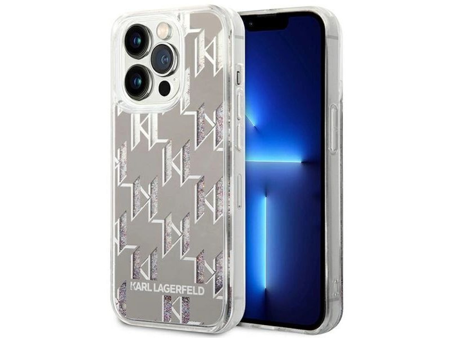 Capa rígida prateada com monograma de glitter líquido prateado Karl Lagerfeld KLHCP14XLMNMS para iPh