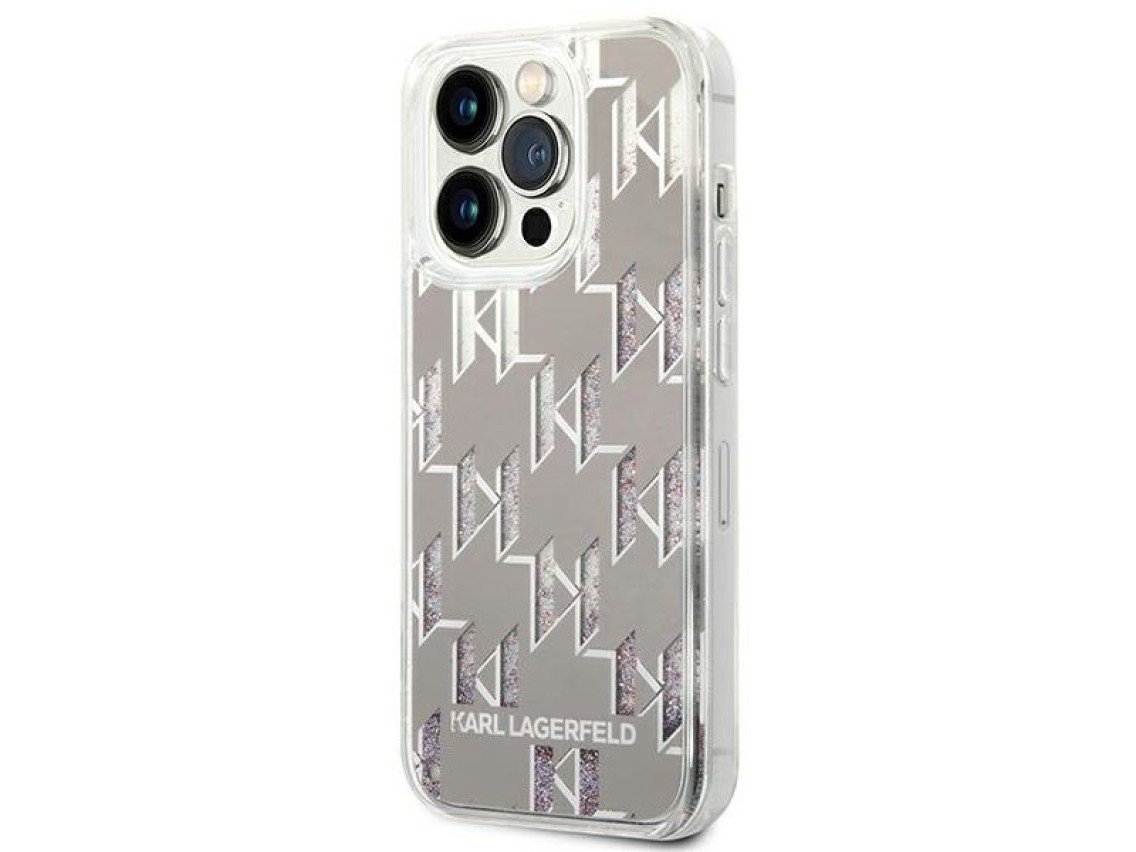 Capa rígida prateada com monograma de glitter líquido prateado Karl Lagerfeld KLHCP14XLMNMS para iPh