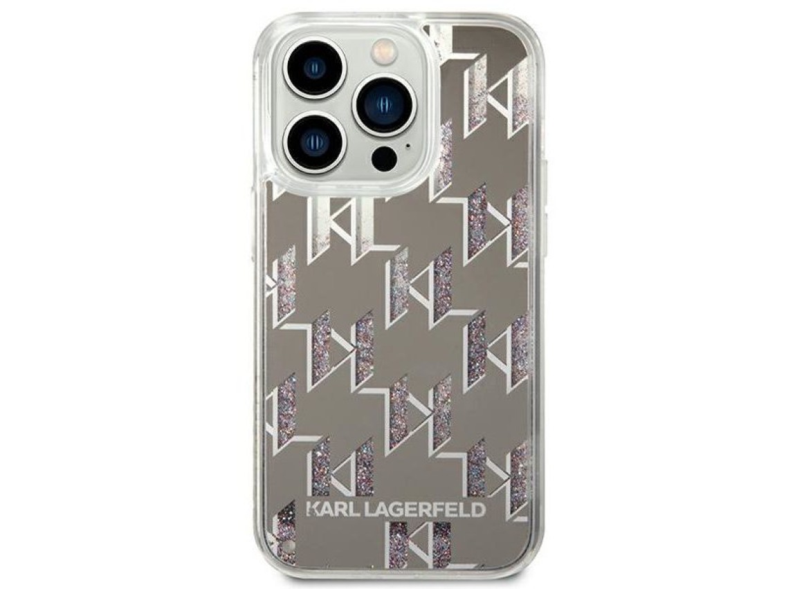 Capa rígida prateada com monograma de glitter líquido prateado Karl Lagerfeld KLHCP14XLMNMS para iPh
