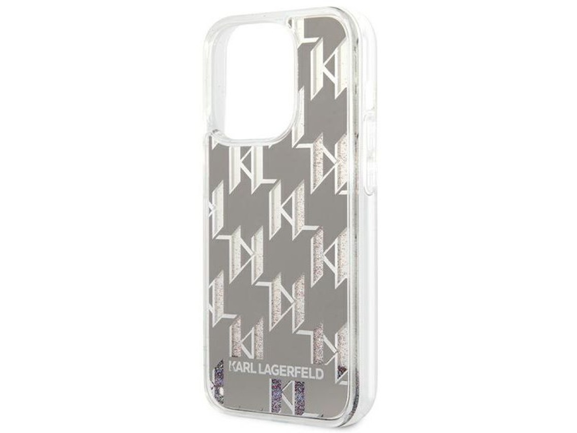 Capa rígida prateada com monograma de glitter líquido prateado Karl Lagerfeld KLHCP14XLMNMS para iPh