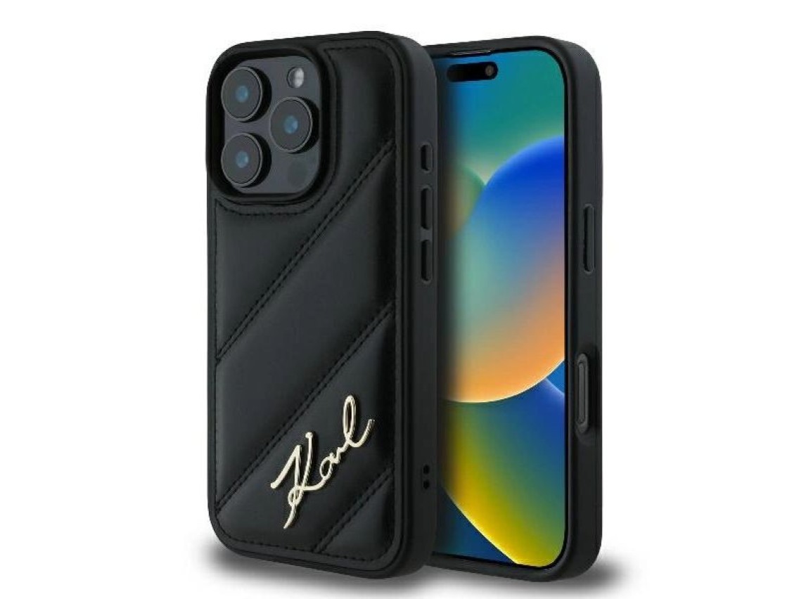 Capa para iPhone 16 Pro Max com estampa acolchoada e assinatura de Karl Lagerfeld - Preta