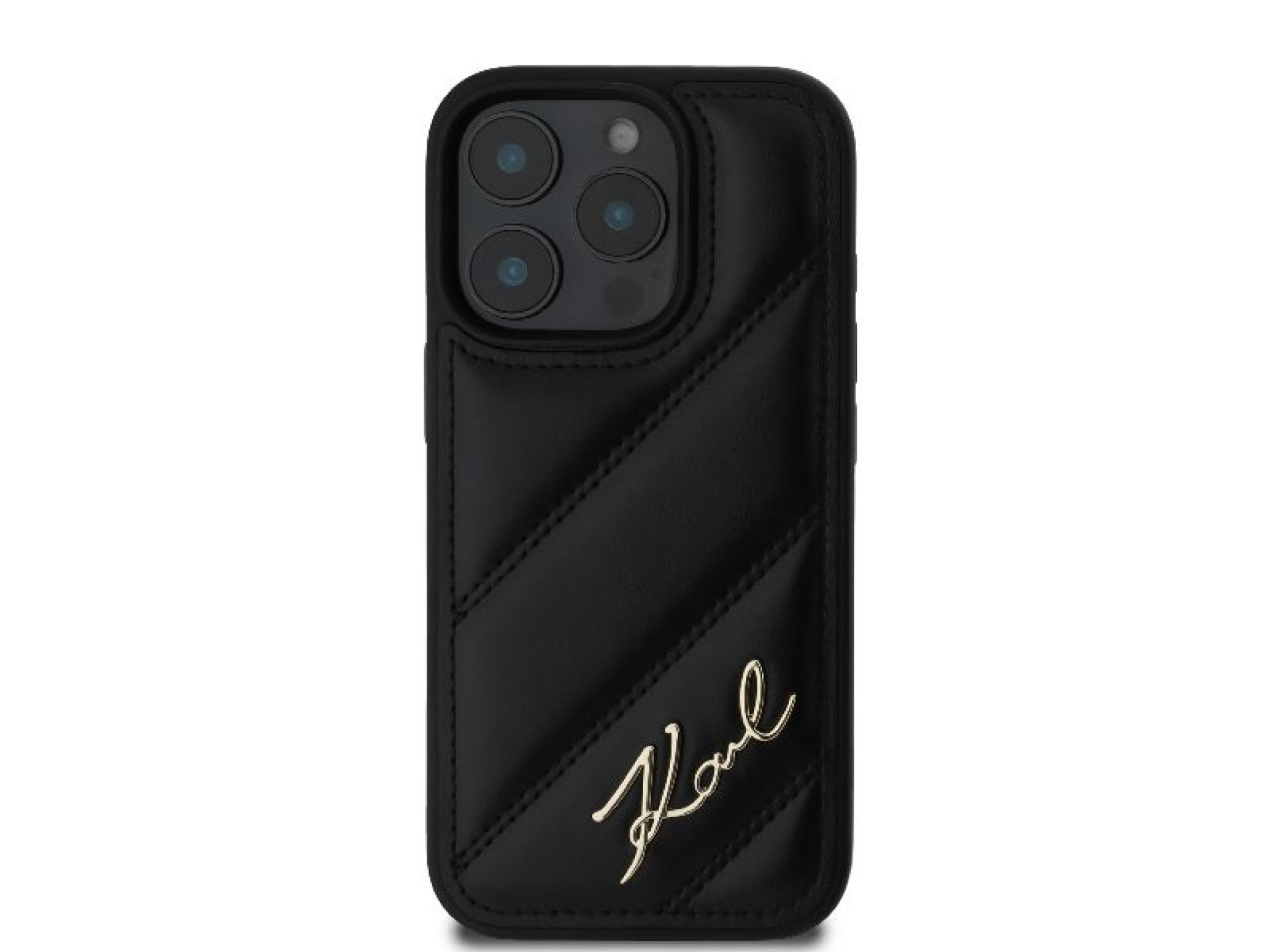 Capa para iPhone 16 Pro Max com estampa acolchoada e assinatura de Karl Lagerfeld - Preta