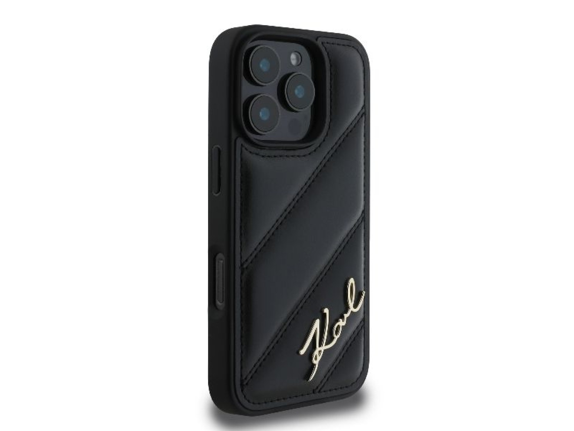 Capa para iPhone 16 Pro Max com estampa acolchoada e assinatura de Karl Lagerfeld - Preta