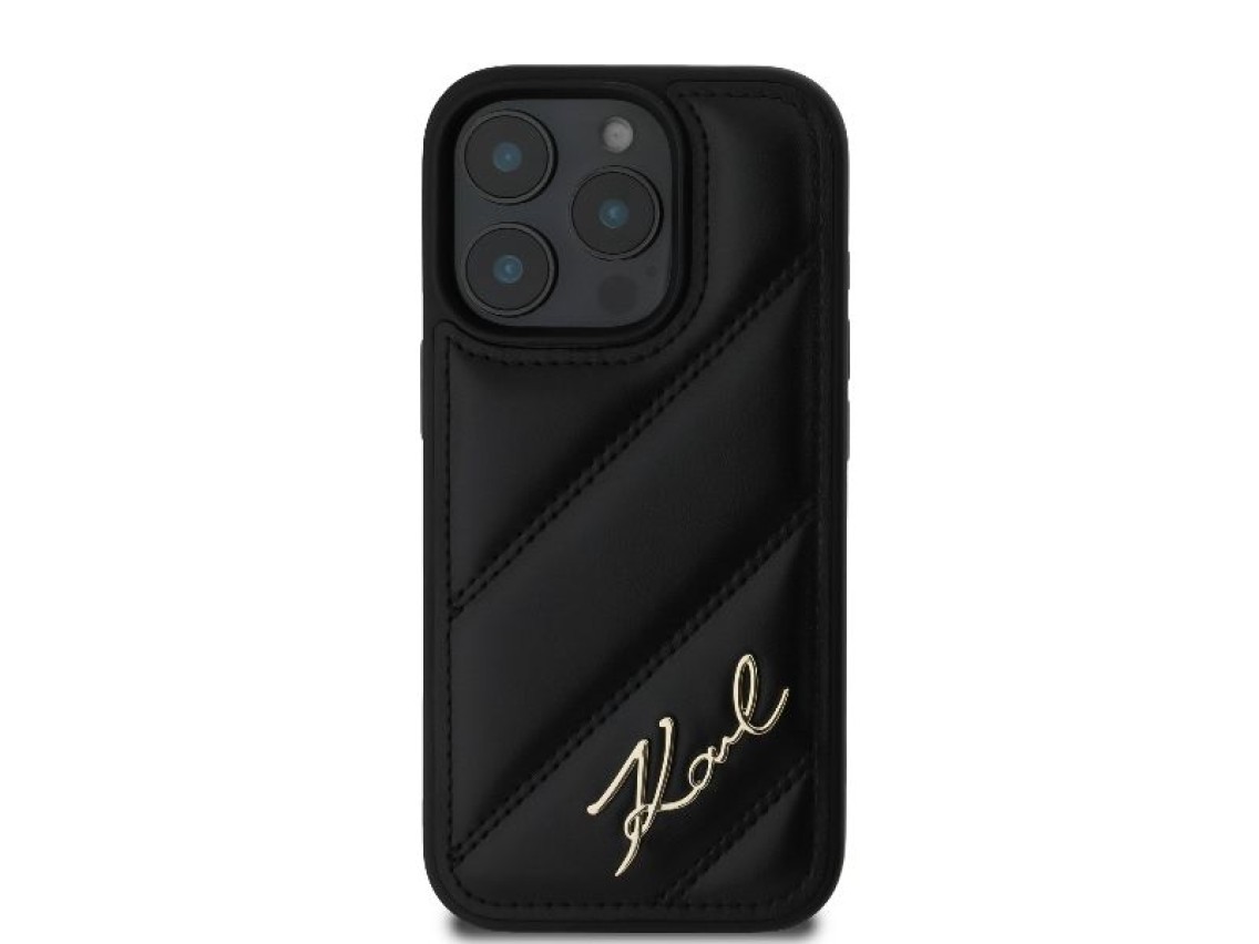 Capa para iPhone 16 Pro Max com estampa acolchoada e assinatura de Karl Lagerfeld - Preta