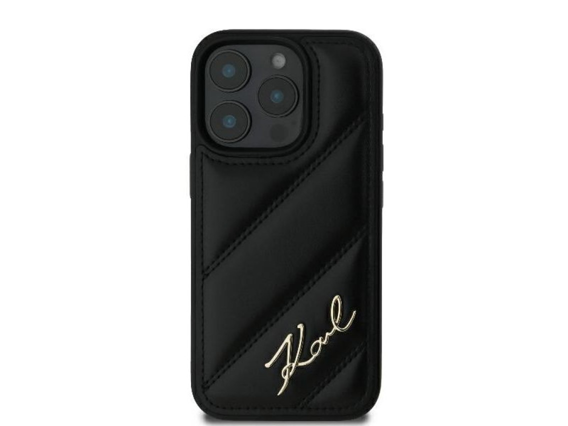 Capa para iPhone 16 Pro com estampa acolchoada e assinatura de Karl Lagerfeld - Preta