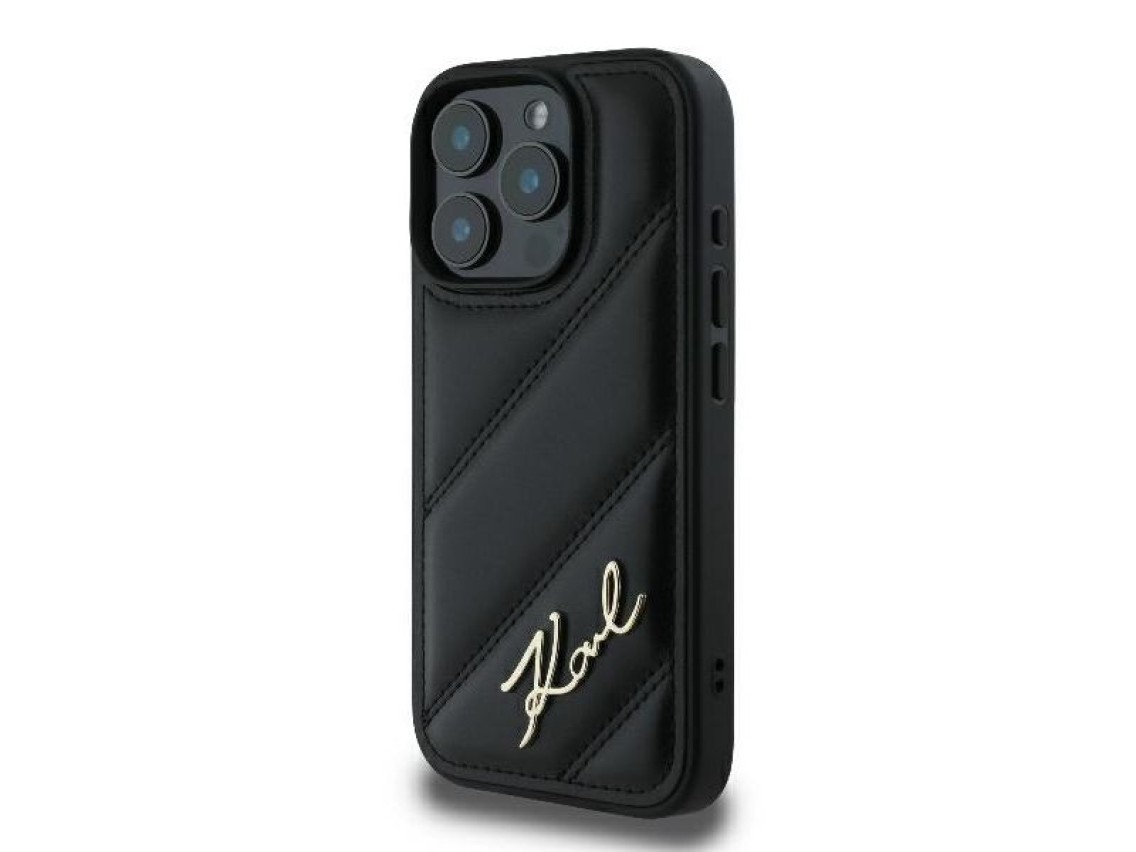 Capa para iPhone 16 Pro com estampa acolchoada e assinatura de Karl Lagerfeld - Preta