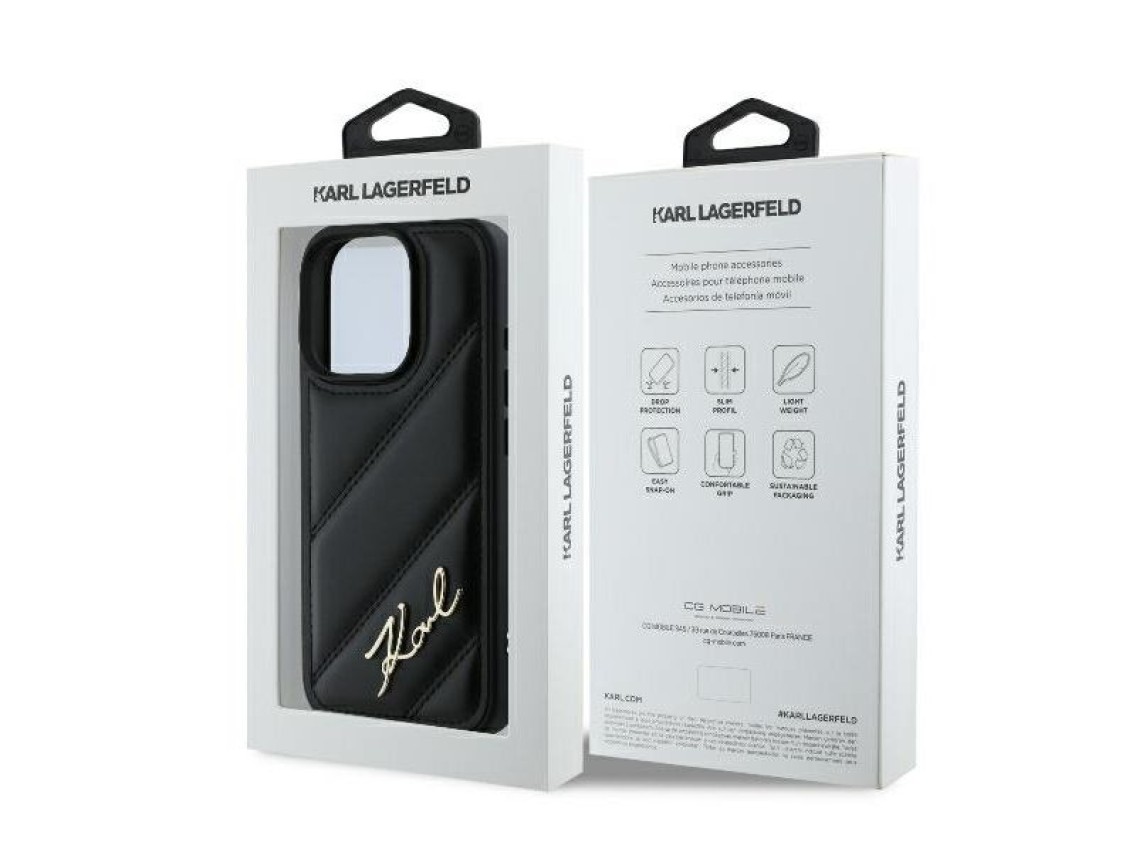 Capa para iPhone 16 Pro Max com estampa acolchoada e assinatura de Karl Lagerfeld - Preta