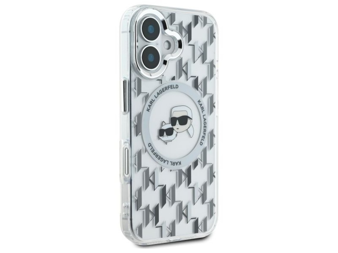 Capa MagSafe para iPhone 16 com monograma Karl Lagerfeld IML e cabeça de Karl & Choupette - Transpar