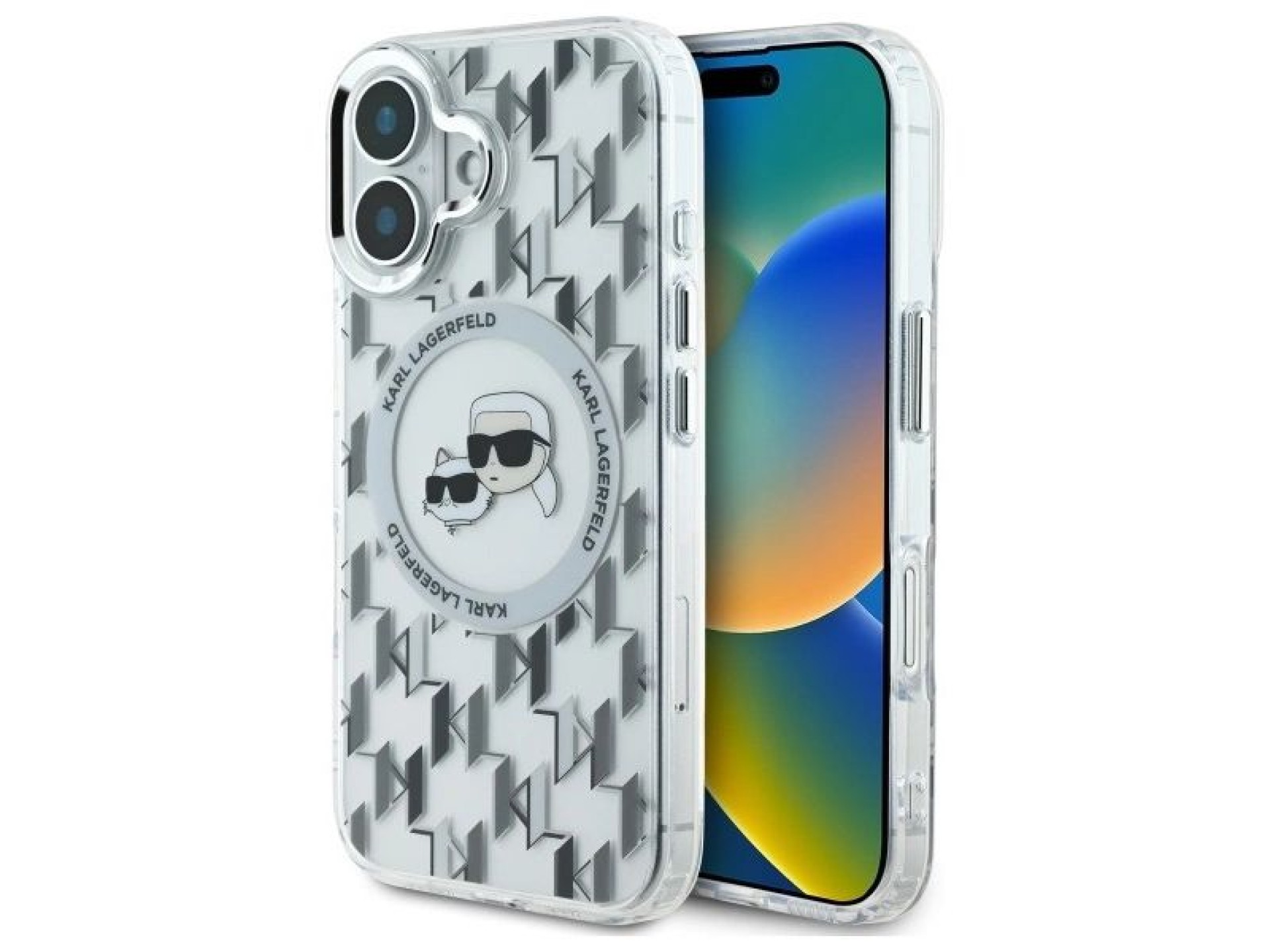 Capa MagSafe para iPhone 16 com monograma Karl Lagerfeld IML e cabeça de Karl & Choupette - Transpar
