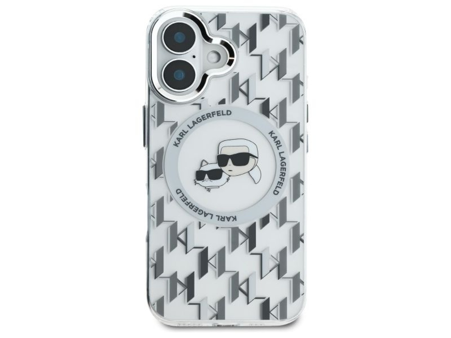 Capa MagSafe para iPhone 16 com monograma Karl Lagerfeld IML e cabeça de Karl & Choupette - Transpar