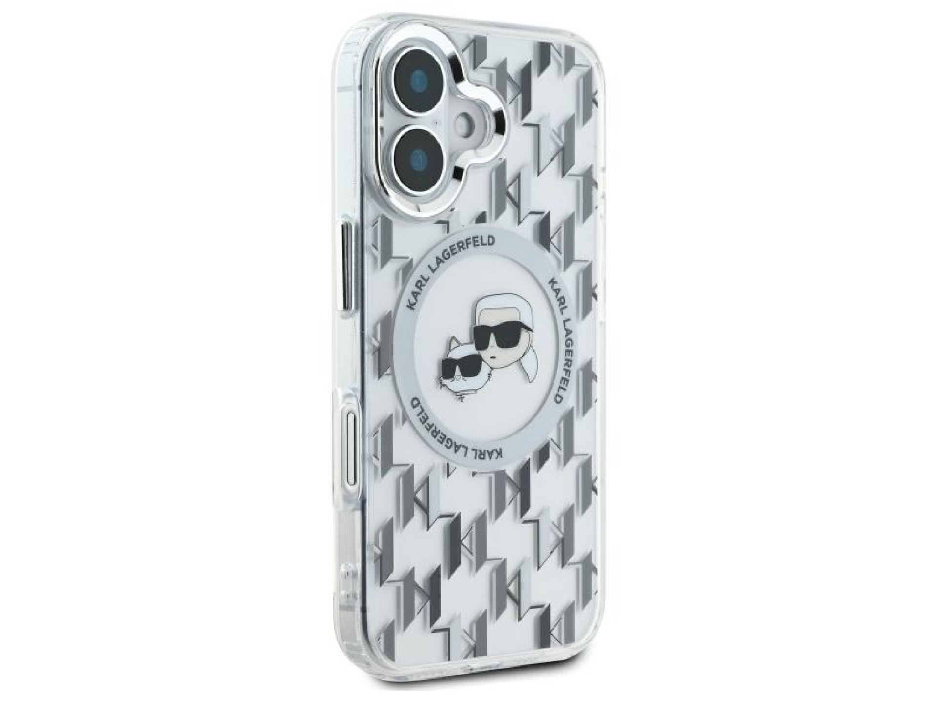 Capa MagSafe para iPhone 16 com monograma Karl Lagerfeld IML e cabeça de Karl & Choupette - Transpar