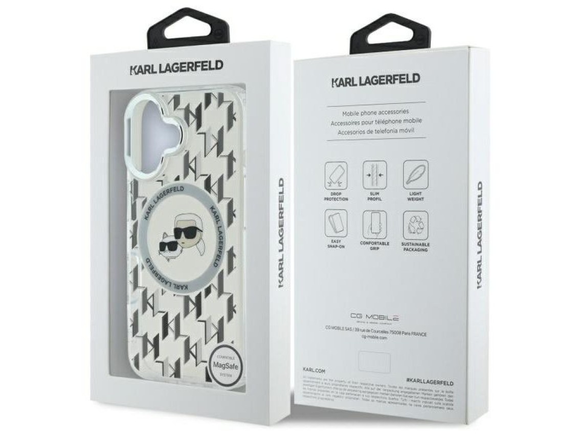 Capa MagSafe para iPhone 16 com monograma Karl Lagerfeld IML e cabeça de Karl & Choupette - Transpar