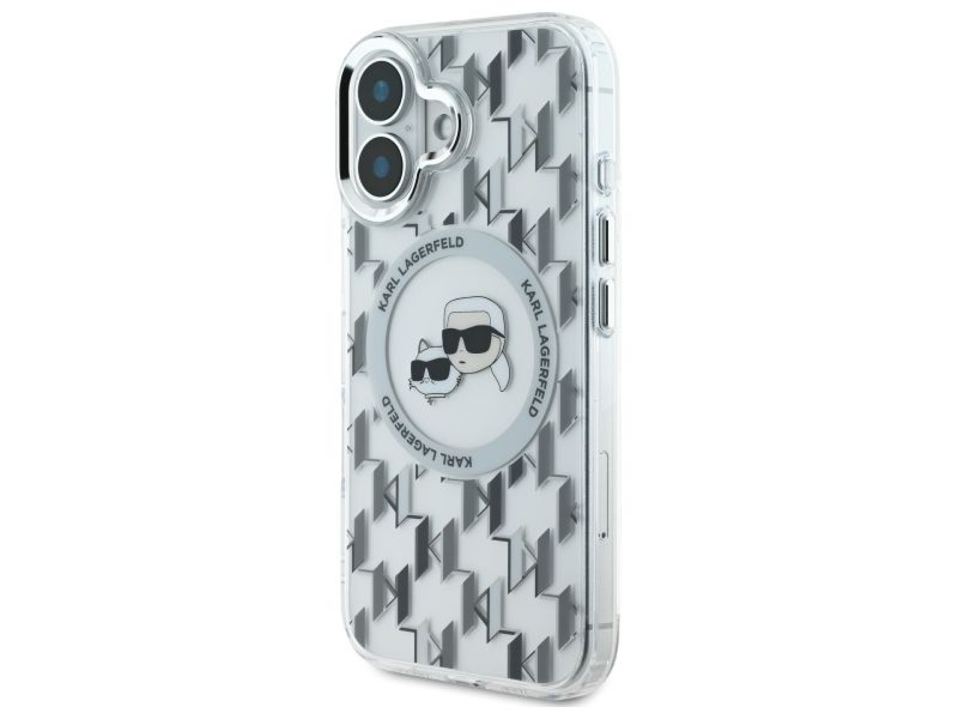 Capa MagSafe para iPhone 16 com monograma Karl Lagerfeld IML e cabeça de Karl & Choupette - Transpar