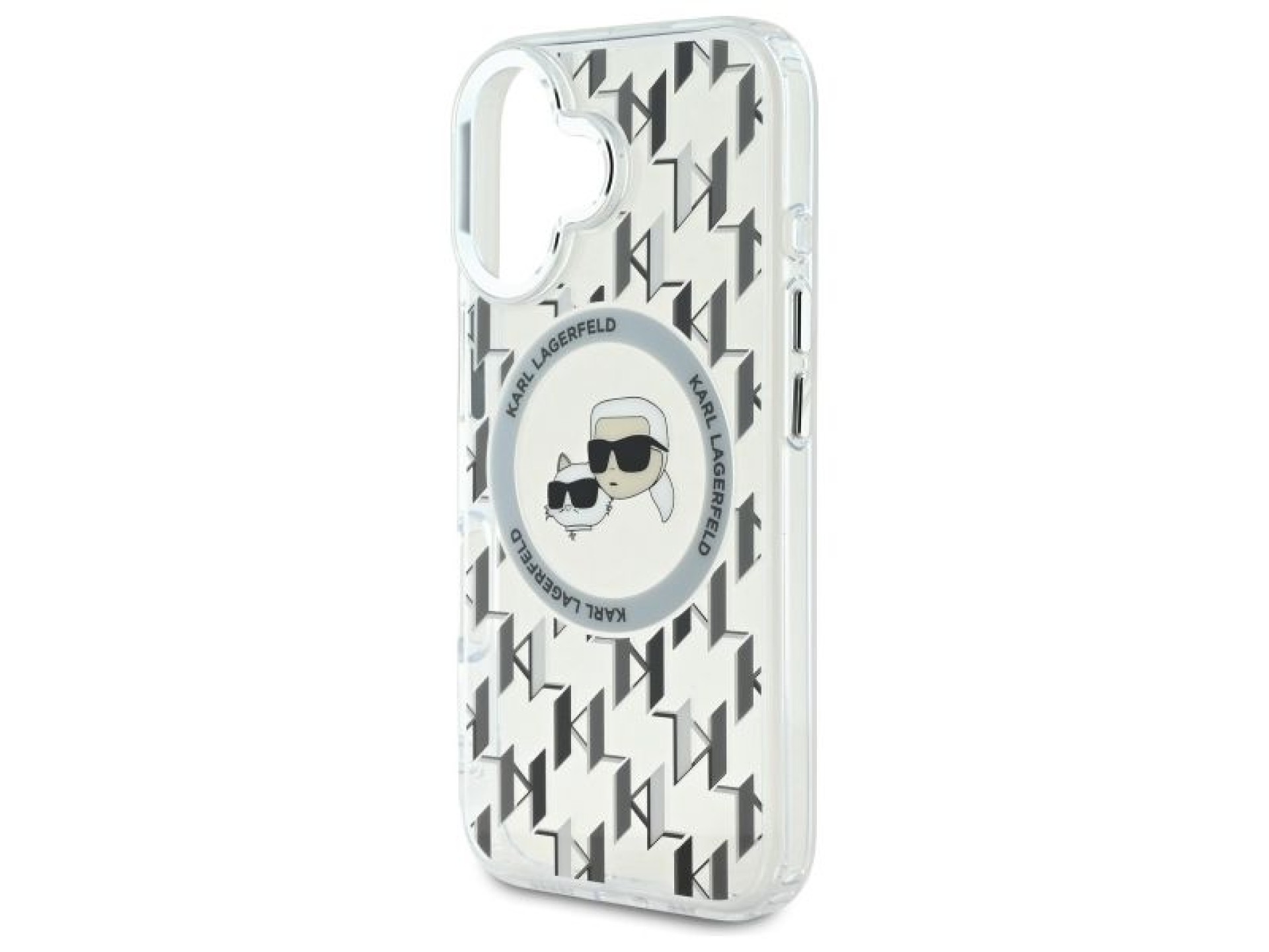 Capa MagSafe para iPhone 16 com monograma Karl Lagerfeld IML e cabeça de Karl & Choupette - Transpar